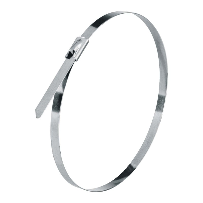 Imagen de un cincho de acero inoxidable. Se muestra el diseño resistente del cincho, ideal para sujetar objetos con seguridad.