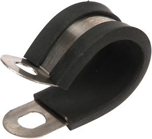 Imagen de una abrazadera metálica plateada.